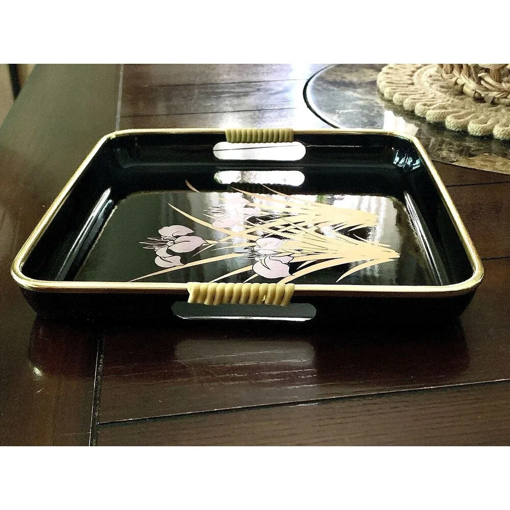 VINTAGE JAPANESE LACQUER SQUARE SERVING TRAY BLACK GOLD IRIS FLOWER WICKER